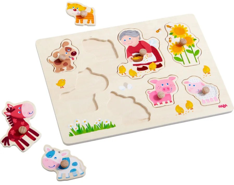 Drevené vkladacie puzzle – babička Lena a jej zvieratká