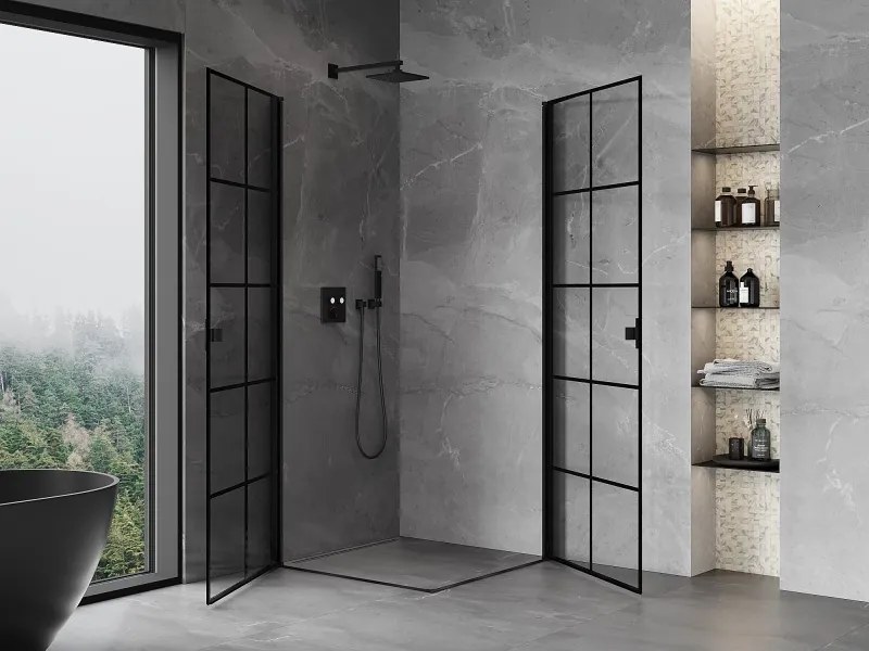 Mexen Mist-B Duo, 2-krídlový výklopný sprchový kút 90 x 90 cm, číre sklo-čierna mriežka, 8A2-090L-090P-70-77