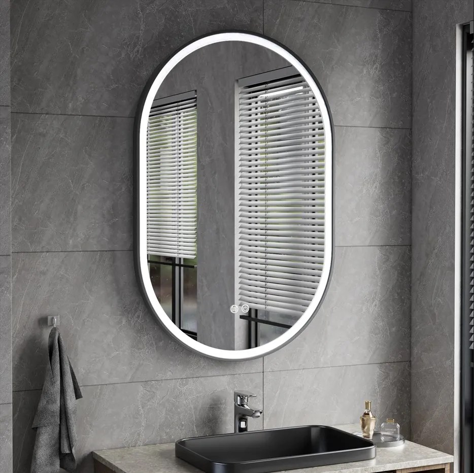 Erga Gwen, oválne LED zrkadlo 60x90cm v čiernom kovovom ráme, 3 farby svetla, predné osvetlenie, vyhrievacia podložka proti zapareniu, ERG-V01-GWEN-6090-BK