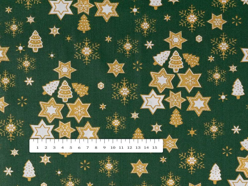 Biante Vianočný bavlnený behúň na stôl Sandra SA-407 Hviezdičky a stromčeky na zelenom 20x160 cm