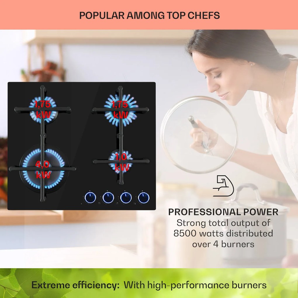 Klarstein Illuminosa 4, plynová varná doska, 4 Sabaf horáky, sklokeramika