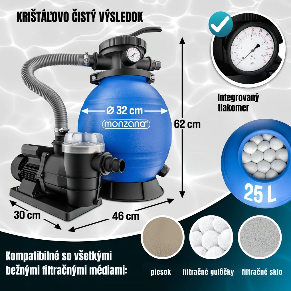 Piesková filtrácia k bazénu AQUA 9 600 l/h, modrá Monzana