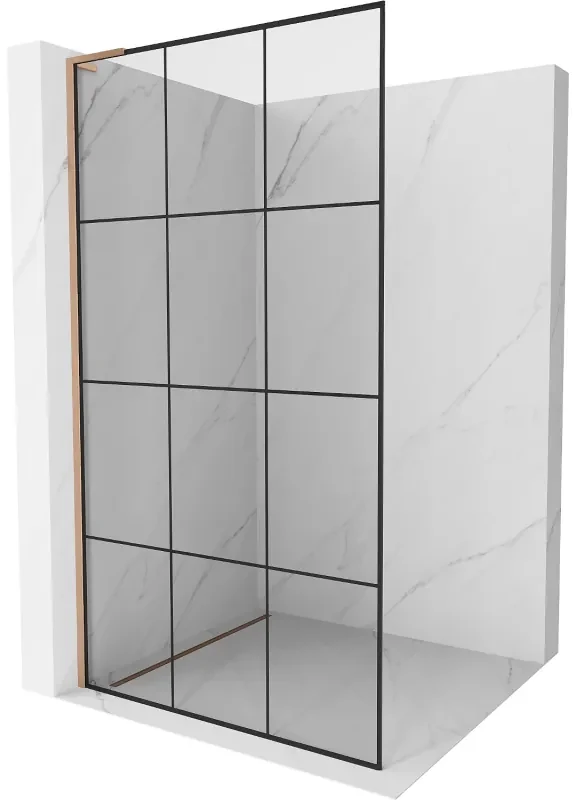 Mexen Kioto L, sprchová zástena Walk-In 120 x 200 cm, 8mm číre sklo čierny vzor, medený matný profil, 800-120-103-65-77