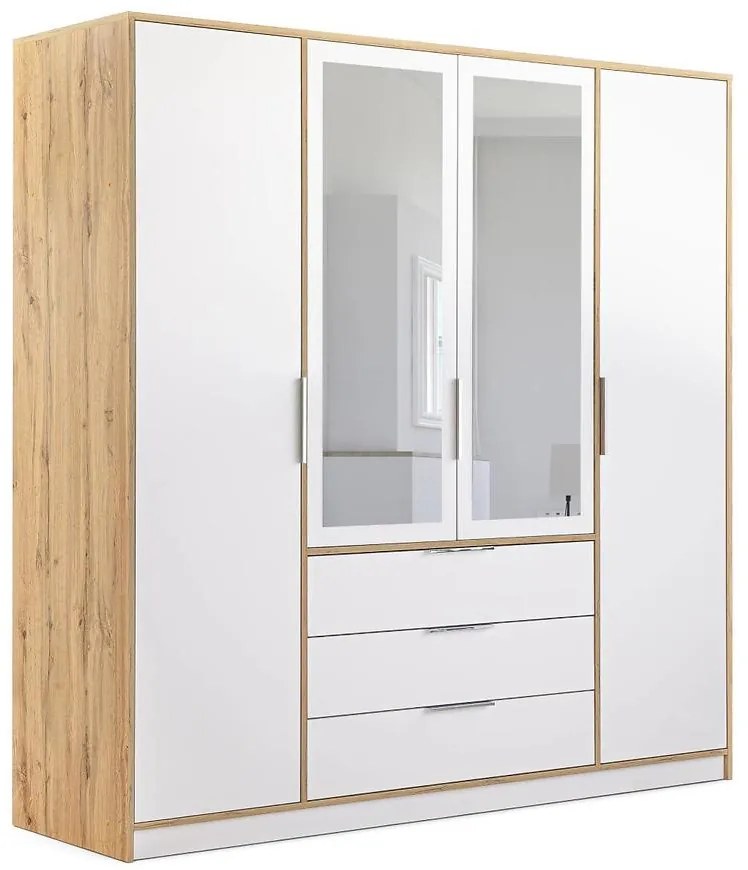 Skriňa Duarte D4 Biela/Dub Wotan/zrkadlo