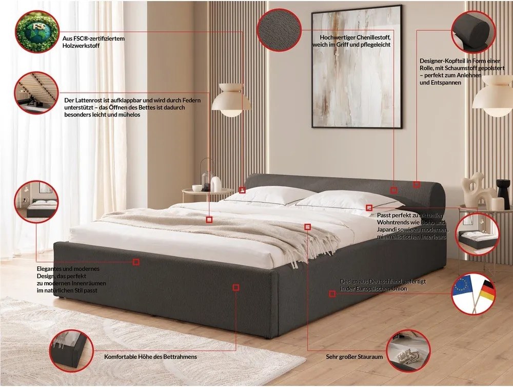 Tmavosivá čalúnená dvojlôžková posteľ s úložným priestorom s roštom 140x200 cm Cille – Ropez