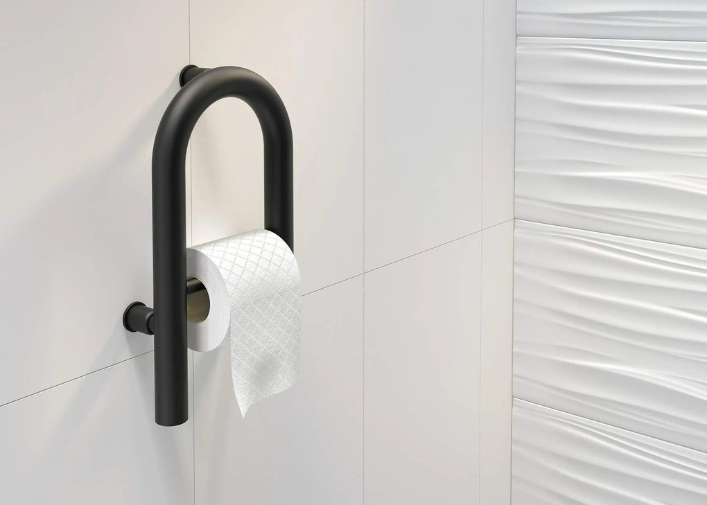 Deante Vital, nástenné kovové madlo s držiakom na wc papier, čierna matná, DEA-NIV_B41F