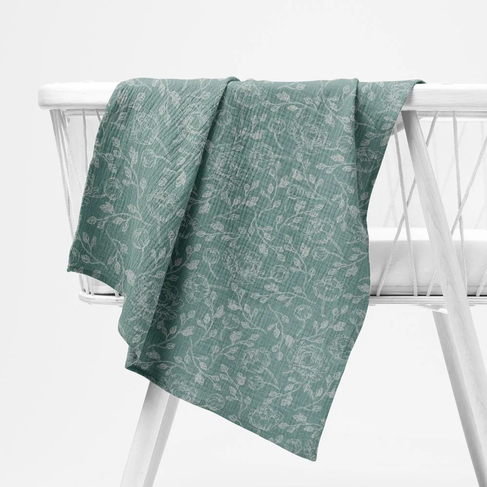 Biante Mušelínová plienka/dečka Nature MSN-048 Biele kvety na pastelovo modrozelenom 100x100 cm
