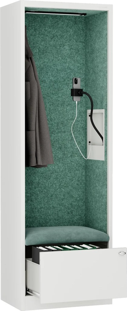 Kancelárska akustická kabína so sedadlom a portom USB-C, telo v Biely farbe / sedadlo v zelenej farbe, 600 mm: SALLY MentalBox