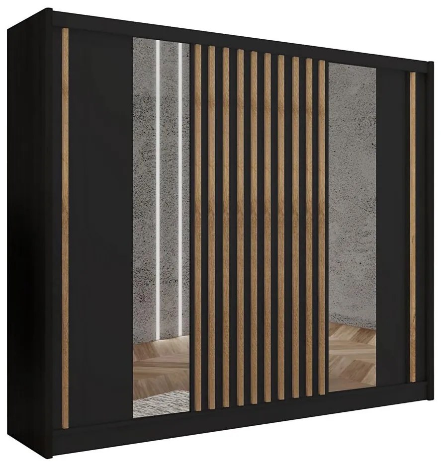 Šatníková skriňa so zrkadlom SANTINO 250x215 cm čierna/dub craft