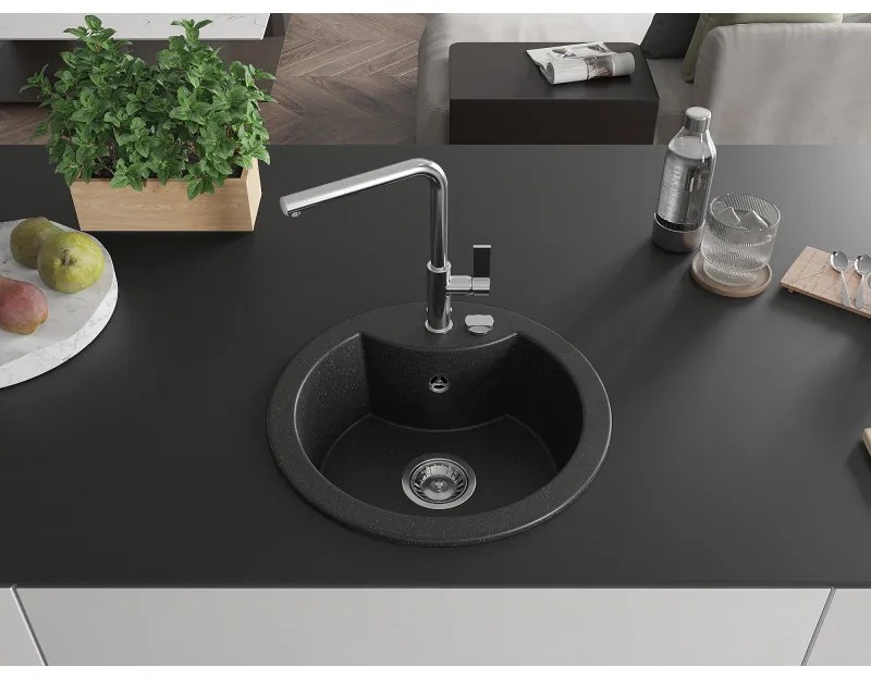 Mexen Diego, 1-komorový granitový drez 488x488x167 mm a drezová batéria Flora, čierna-strieborná metalíza, 6512-73-670401-00