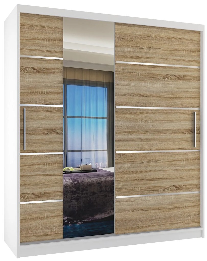 Šatníková skriňa 133 cm Belini biely mat / dub sonoma s posuvnými dverami zrkadlom a zásuvkami MBP SZP6/1/W/DS/0/KLAL