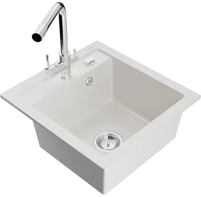 Mexen Vito, 1-komorový granitový drez 520x490x210 mm, chrómová batéria Duero, biela, 6503-20-671600-00