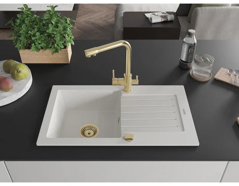 Mexen Pablo, granitový drez 752x436x161 mm, 1-komorový a zlatá batéria Duero, biela, 6510-20-671600-50