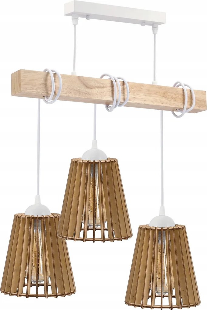 BERGE LED závesné stropné svietidlo biely drevený trám 3xE27 Drevený kužeľový luster