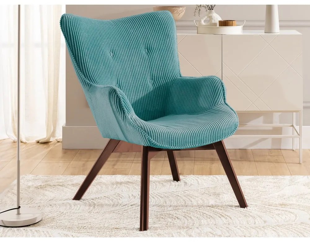 Tyrkysové menčestrové kreslo s podnožkou Niko – Ropez