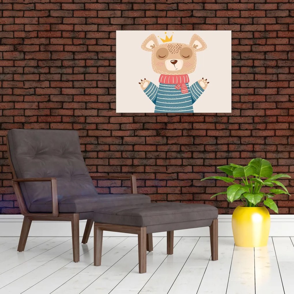 Sklenený obraz - Béžový medvedík s korunkou (70x50 cm)