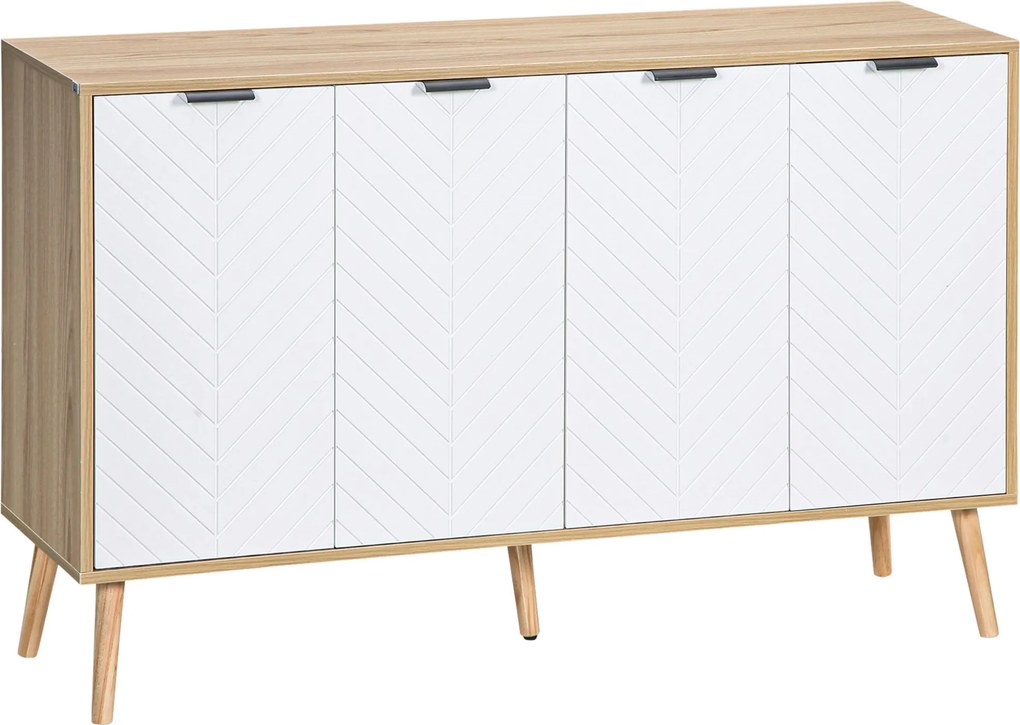 HOMCOM Kuchynský kredenc s 4 dverami v herringbone vzore, drevené nohy a nastaviteľné police, bufetový kabinet pre jedáleň a obývaciu izbu 120x35x77,4