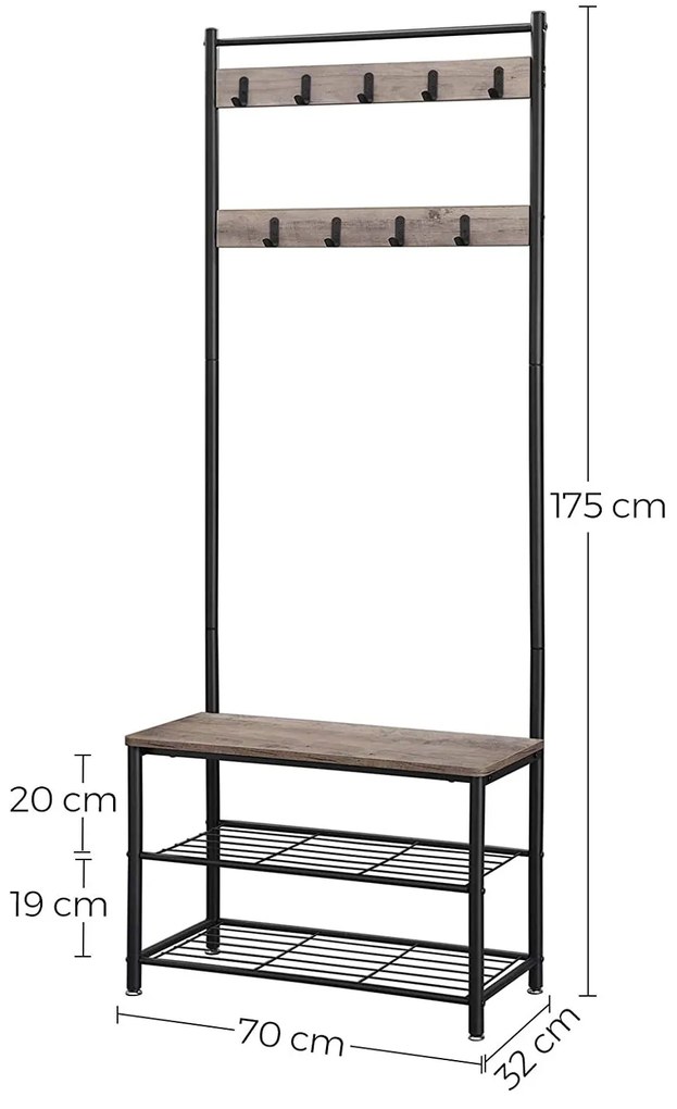 Kovová predsieňová stena INDUSTRY 175 cm, čierna/svetlohnedá