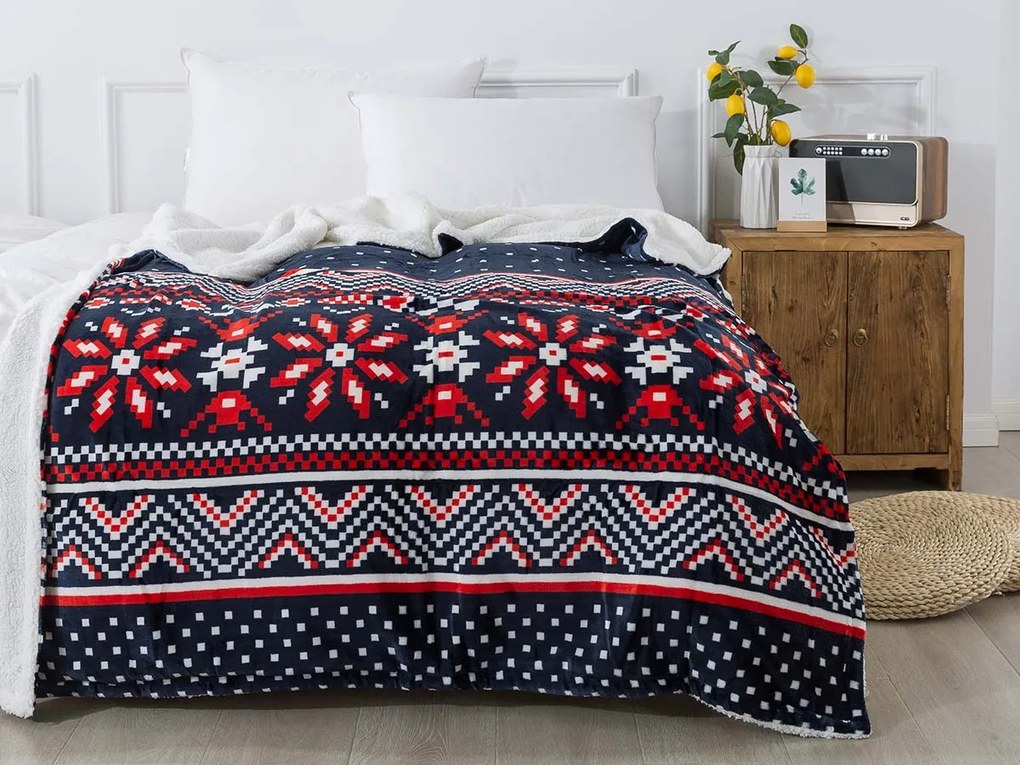 XPOSE® Mikroplyšová deka TORM s baránkom - tmavo modrá 200x220 cm