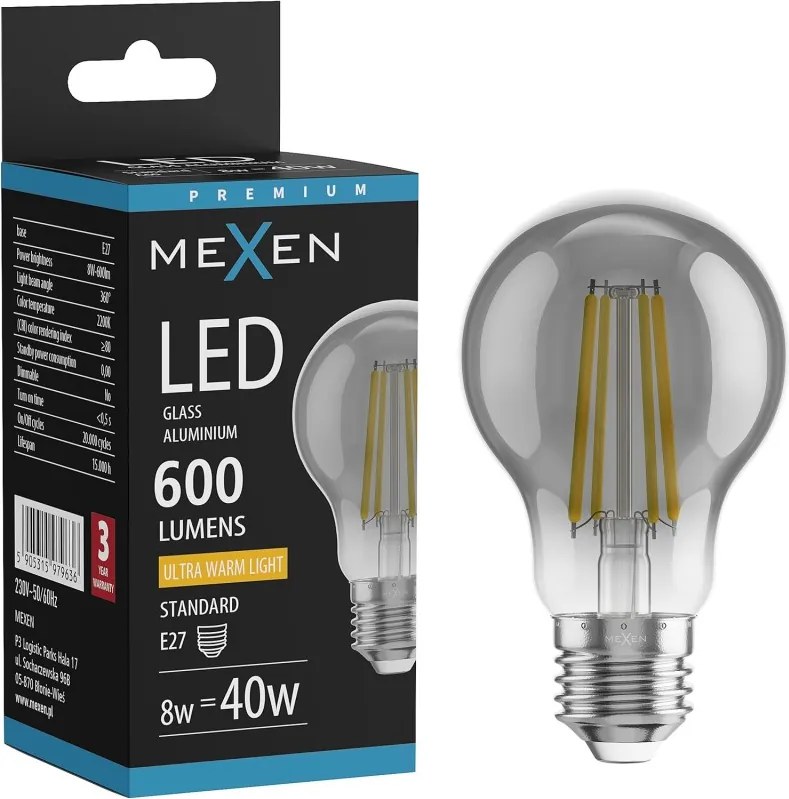 Mexen Vintis, LED filamentová žiarovka E27, A60, 8 W, teplá biela 2200K, dymová, L150-E27-0822-70