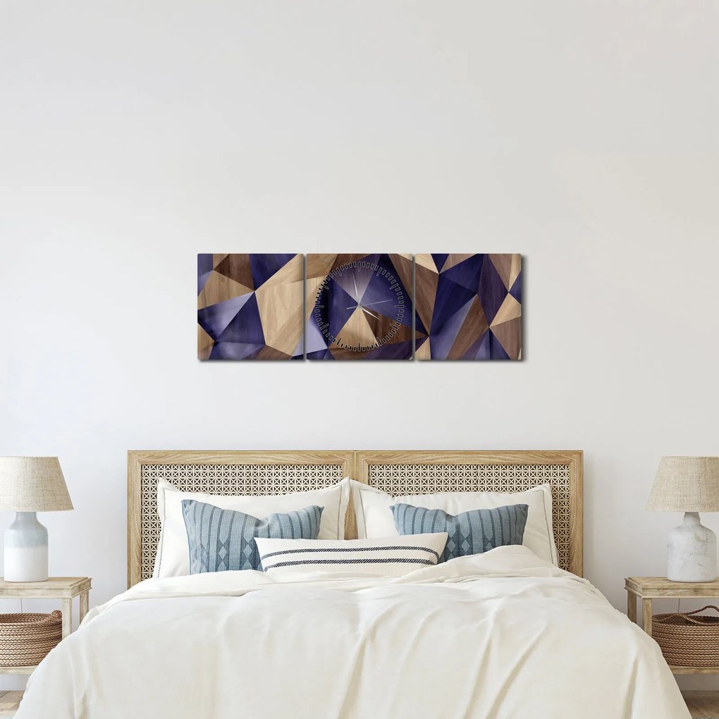 Obraz - 3D drevené trojuholníky (s hodinami) (90x30 cm)