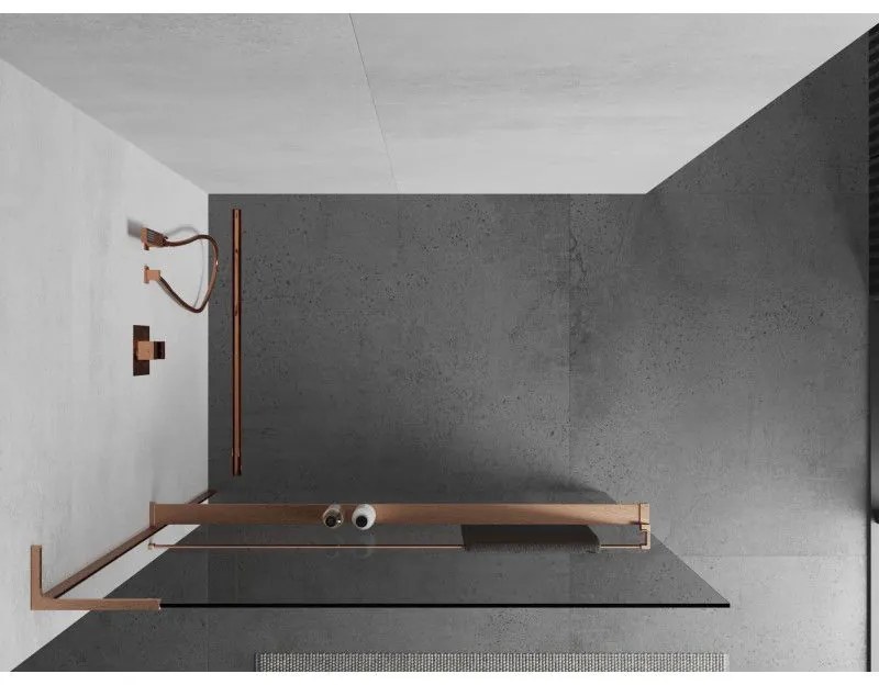 Mexen Kioto+ L, sprchová zástena Walk-In s poličkou a vešiakom 85 x 200 cm, 8mm číre sklo, medený matný profil, 800-085-123-65-00
