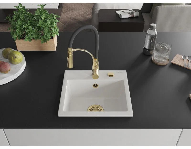 Mexen Milo, 1-komorový granitový drez 435x410x171 mm a drezová batéria Aster, biela, 6505-20-73450-57-G