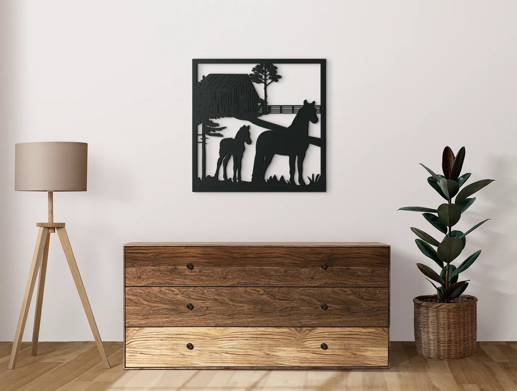 drevko Drevený obraz na stenu Kobyla so žriebätkom Rozmer obrazu: 32,5 x 32,5 cm, Farba dekorácie: Čierna