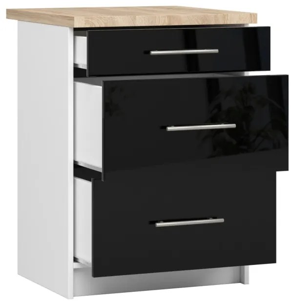 Spodná kuchynská skrinka s doskou OLIWIA S60 3SZ biela / čierna, lesk