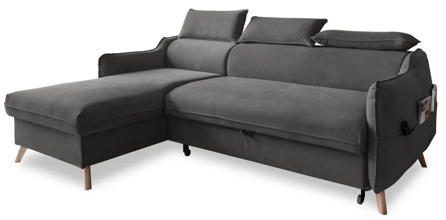 Tmavosivá zamatová rozkladacia rohová pohovka (ľavý roh) Sweet Harmony – Miuform