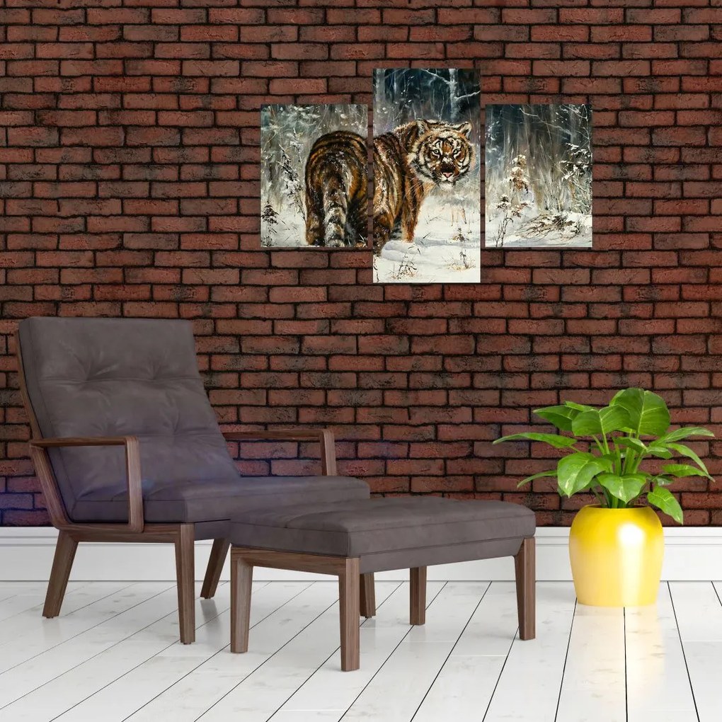 Obraz - Tiger v zasneženom lese, olejomaľba (90x60 cm)