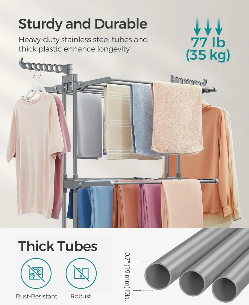 Skladací 4-poschodový sušiak na prádlo, mobilný, 64 x 126 x 172 cm, nerezová oceľ, so sklápacími krídlami, šedý