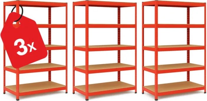 Akcia 3x Regál 180x90x30 cm lakovaný 5-policový, nosnosť 875 kg - červený