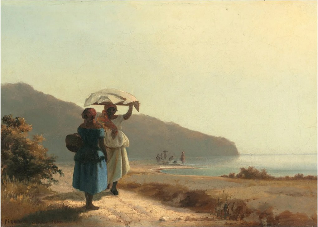 Sklenený obraz - Camille Pissarro, Two Women Chatting by the Sea, St. Thomas, reprodukcia (70x50 cm)