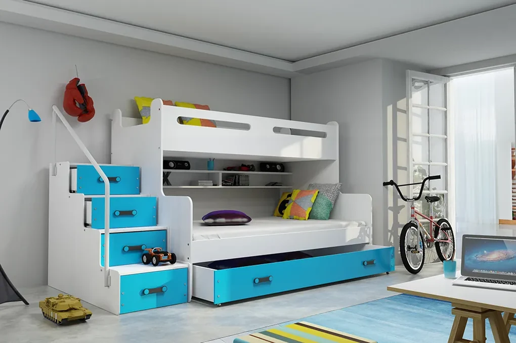 Poschodová posteľ MAX 3 rozšírená 200x120 biela - modrá