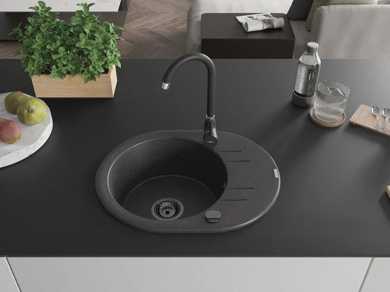 Mexen Kevin, granitový drez 586x458x190 mm, 1-komorový, čierna škvrnitá s čiernym sifónom, 6517581005-76-B