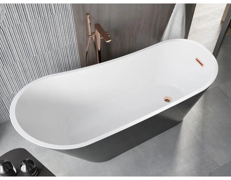 Mexen Alta, voľne stojaca vaňa 170 x 75 cm, biela-čierna, ružové zlato prepad, 52141707575-60