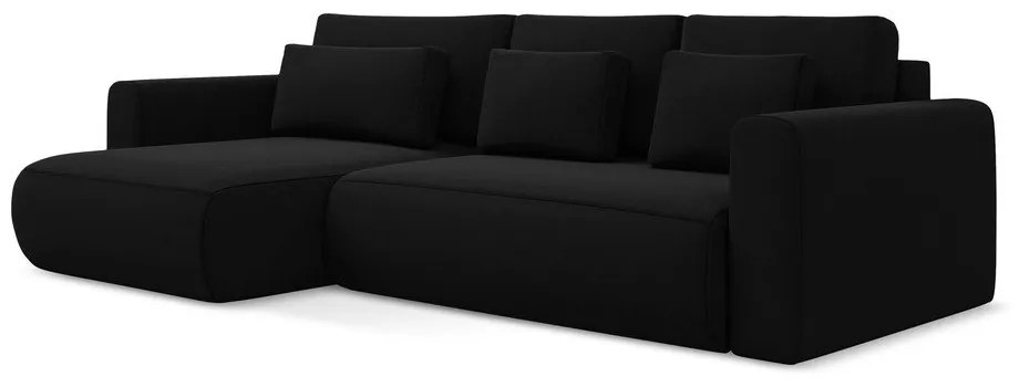 Čierna zamatová rozkladacia/s úložným priestorom rohová pohovka (ľavý roh/s leňoškou) Kapua – Makamii