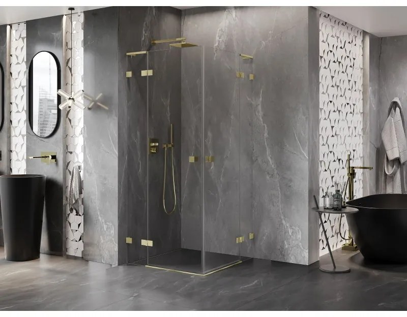 Mexen Lunar, L Duo výklopný sprchový kút 105 x 105 cm, 8mm číre sklo, zlatý matný profil, 834L-105L-105P-55-00