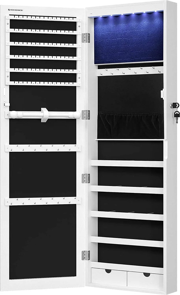 LED skrinka na šperky, nástenný zrkadlový organizér na šperky s 2 zásuvkami, biela