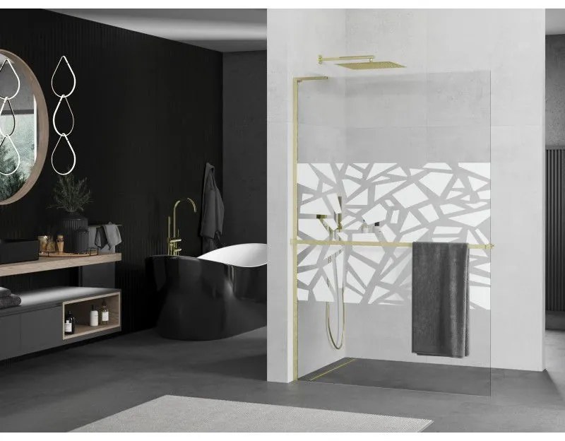 Mexen Kioto+ L, sprchová zástena Walk-In s poličkou a vešiakom 100 x 200 cm, 8mm číre sklo biely vzor, zlatý matný profil, 800-100-123-55-85