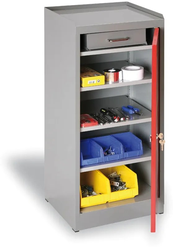 Dielenská policová skrinka na náradie, 3 police, 1 zásuvka, 450 x 450 x 1020 mm, červené dvere