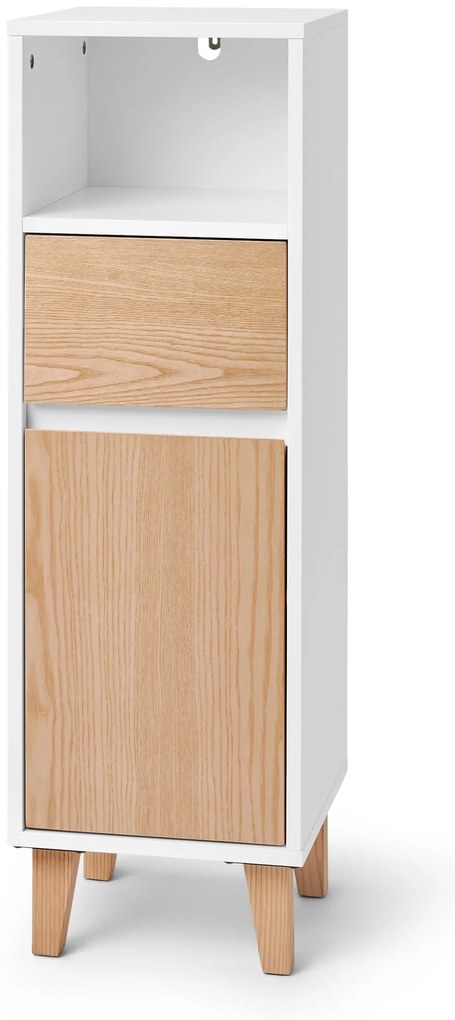 Kúpeľňová skrinka so zásuvkou a dvierkami, úzka