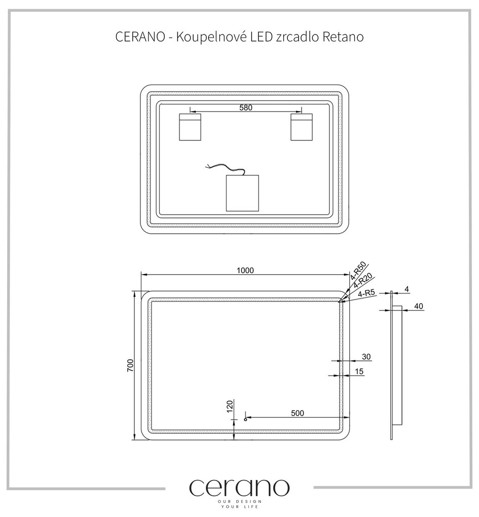 Cerano Retano, LED kúpeľňové zrkadlo 100x70 cm s vykurovacou podložkou proti zahmleniu, CER-CER-NT2151-100X70