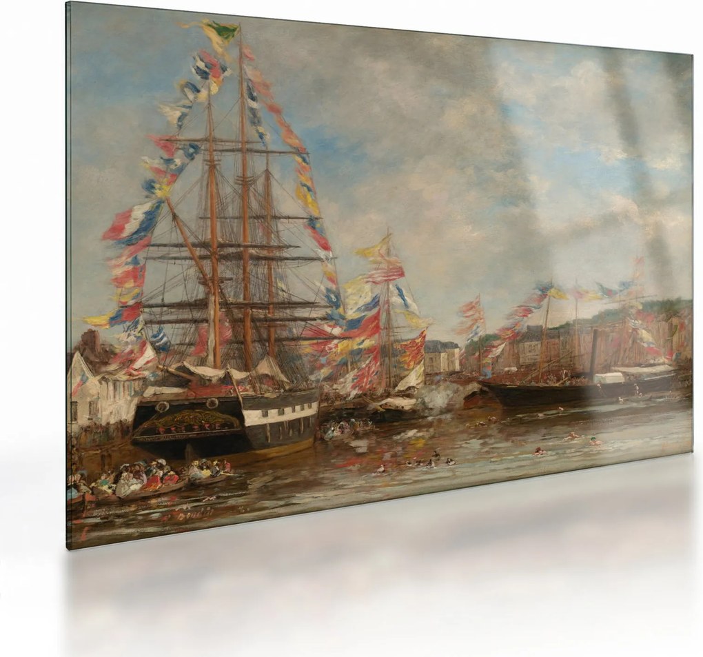 Sklenený obraz - Eugène Boudin, Festival in the Harbor of Honfleur, reprodukcia (70x50 cm)