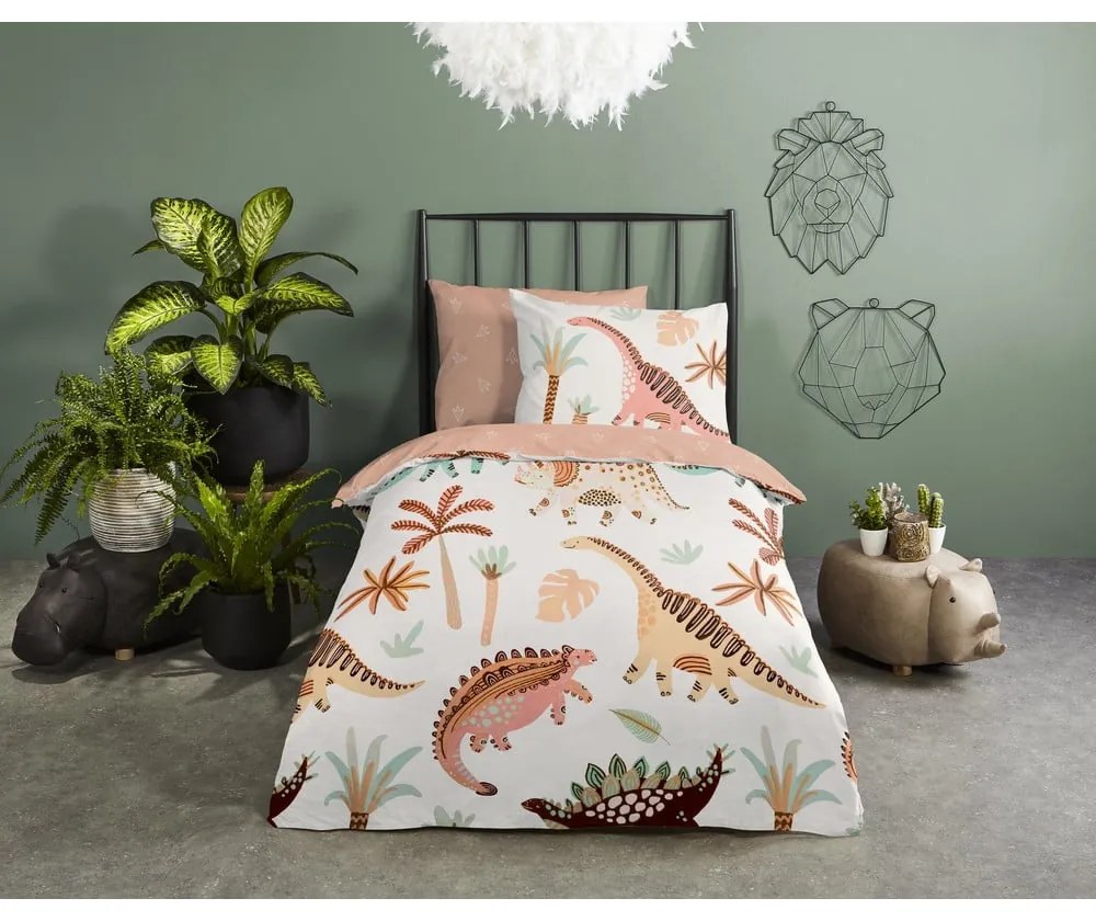 Hnedé/béžové bavlnené detské obliečky do postieľky 100x135 cm Dino – Good Morning