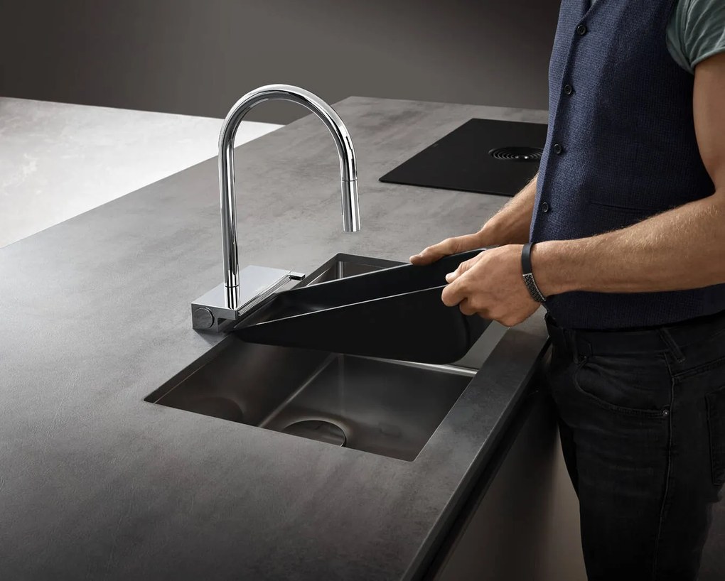 Hansgrohe M81, drezová batéria Aquno Select s výsuvnou koncovkou a plochým sprchovým prúdom, chrómová, HAN-73837000