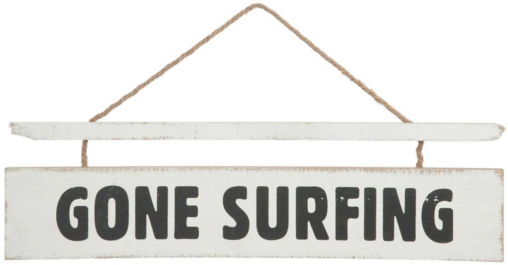 Biela závesná drevená ceduľa Gone Surfing - 70*2*20 cm