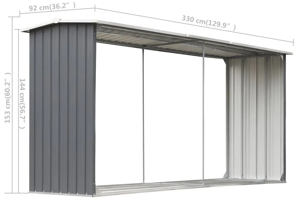 Záhradná kôlňa na drevo galvanizovaná oceľ 330x92x153 cm sivá