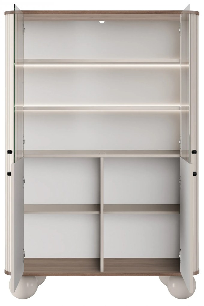 Vitrína Vesper 103 cm štvordverová - kašmír / orech / čierne úchytky / guľaté nohy